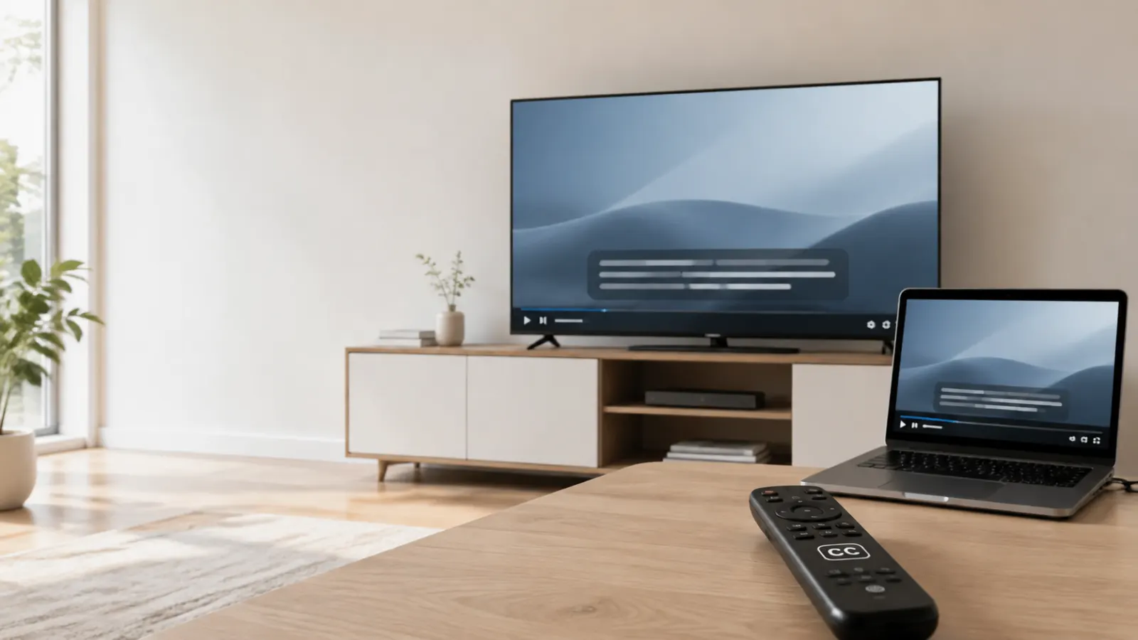 Modern television and laptop displaying a generic captioned video, with a CC remote on a wooden table in a softly lit, neutral living room.