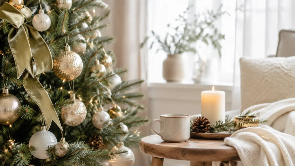 Cozy Christmas living room with a decorated tree, wrapped gifts, knitted blankets, and two mugs of hot cocoa.