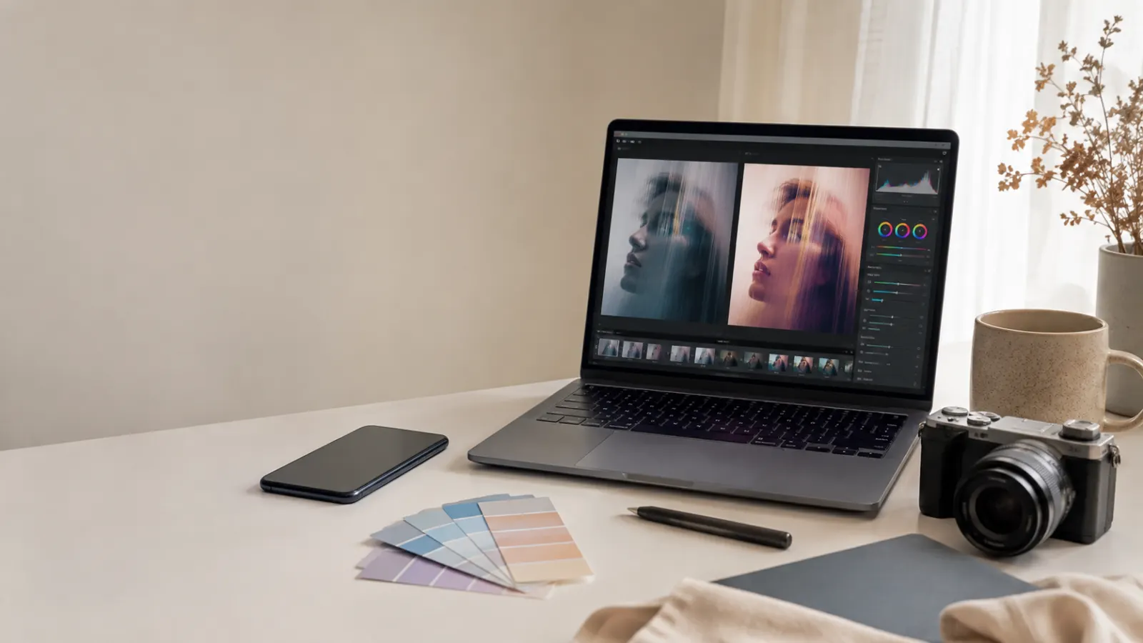 Tablet showing a landscape photo before and after professional color editing. Edited selfie captions