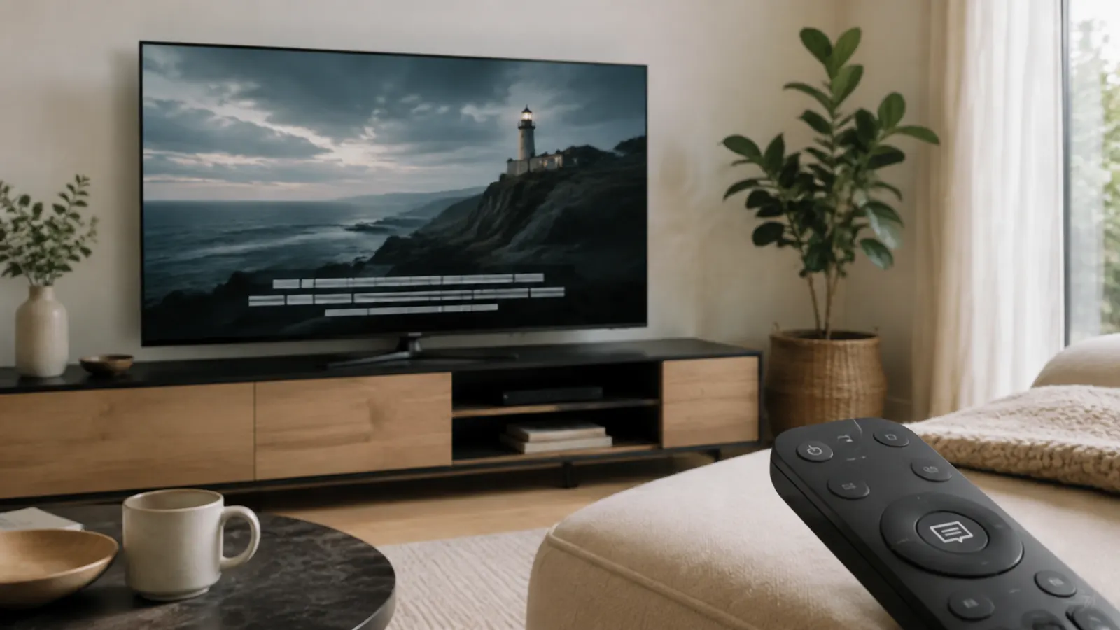 Modern living room with a smart TV displaying closed captions and a subtitle remote control in the foreground.