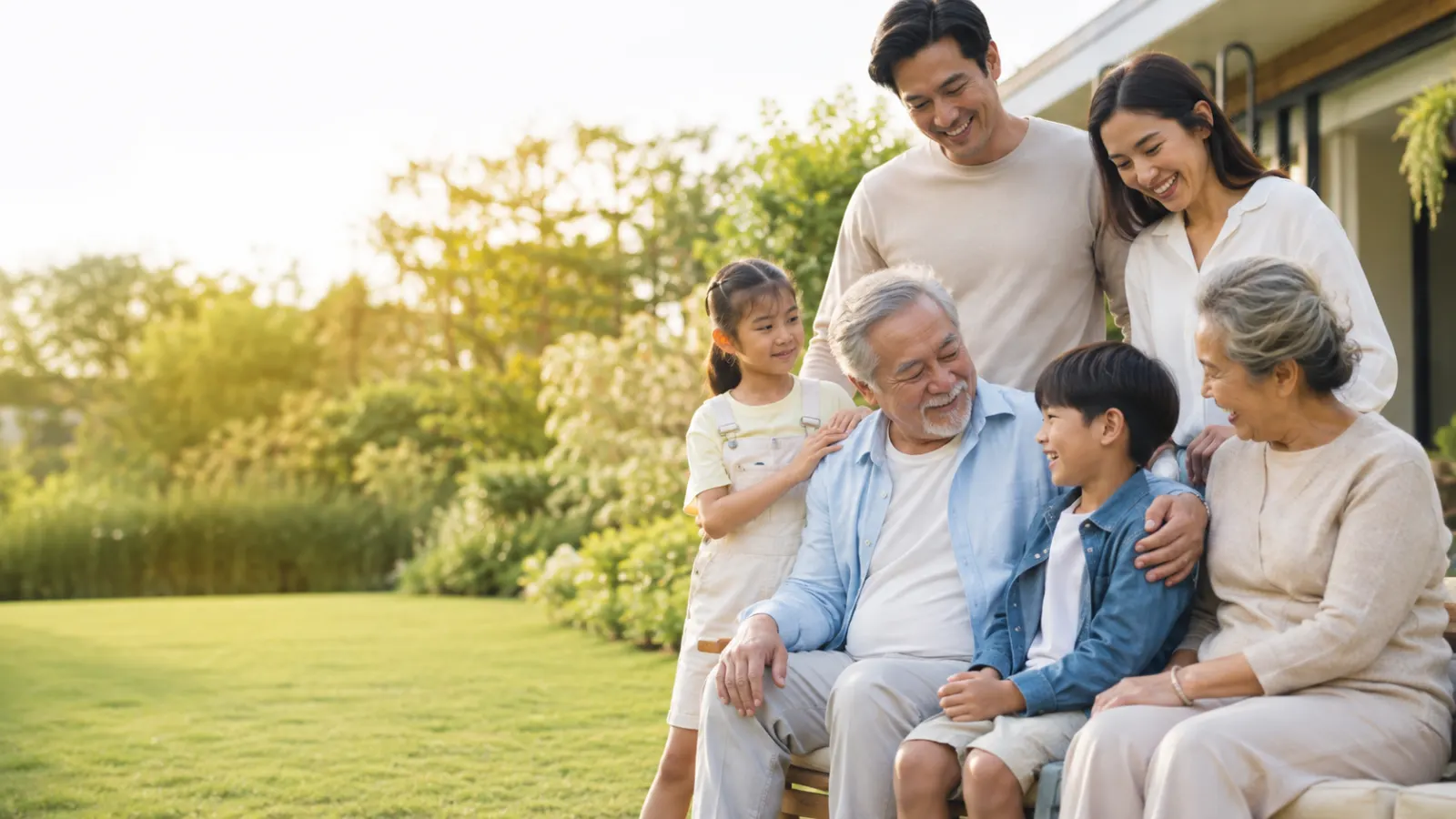 Multigenerational family enjoying a sunny afternoon together in a spacious garden.