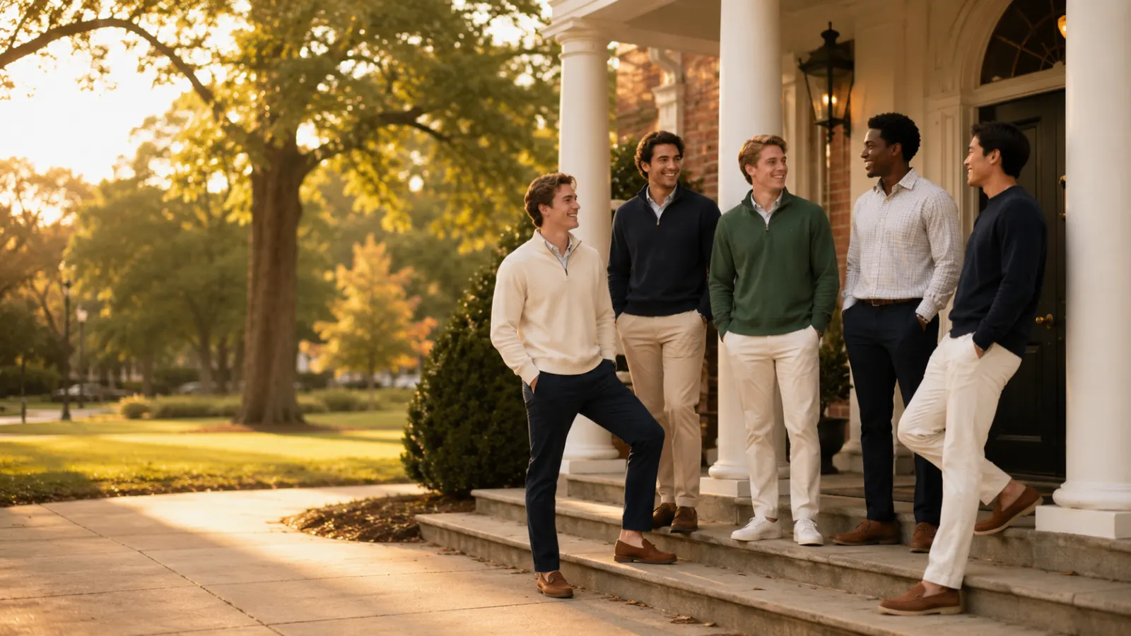 Fraternity friends standing outside a classic college house at golden hour.