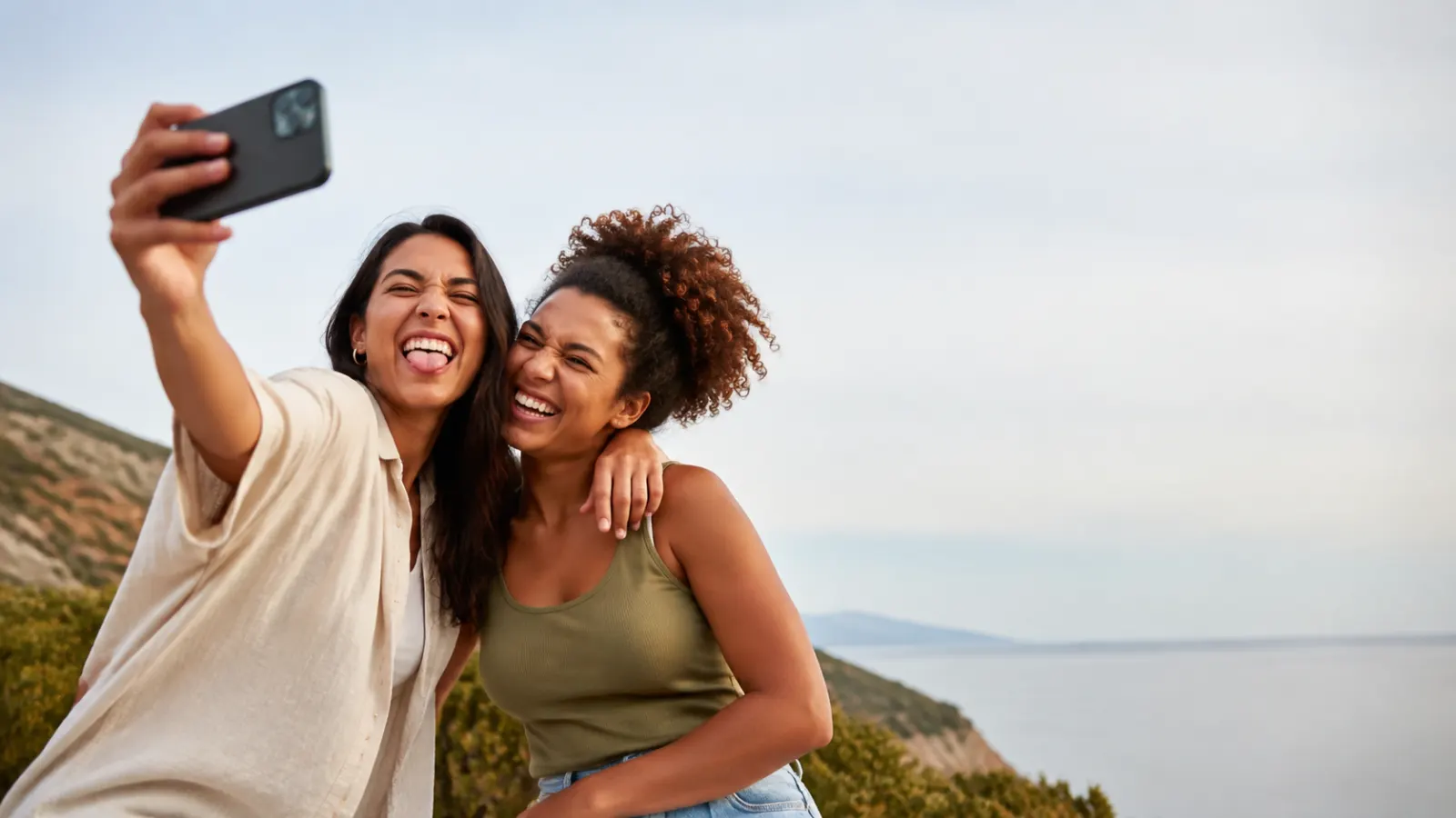 Two best friends laughing while taking a funny selfie outdoors