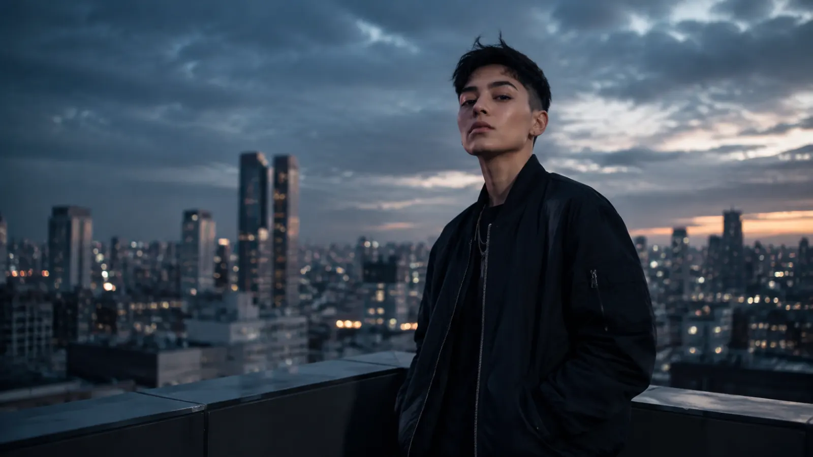 Confident young adult in dark streetwear overlooking a city skyline at dusk
