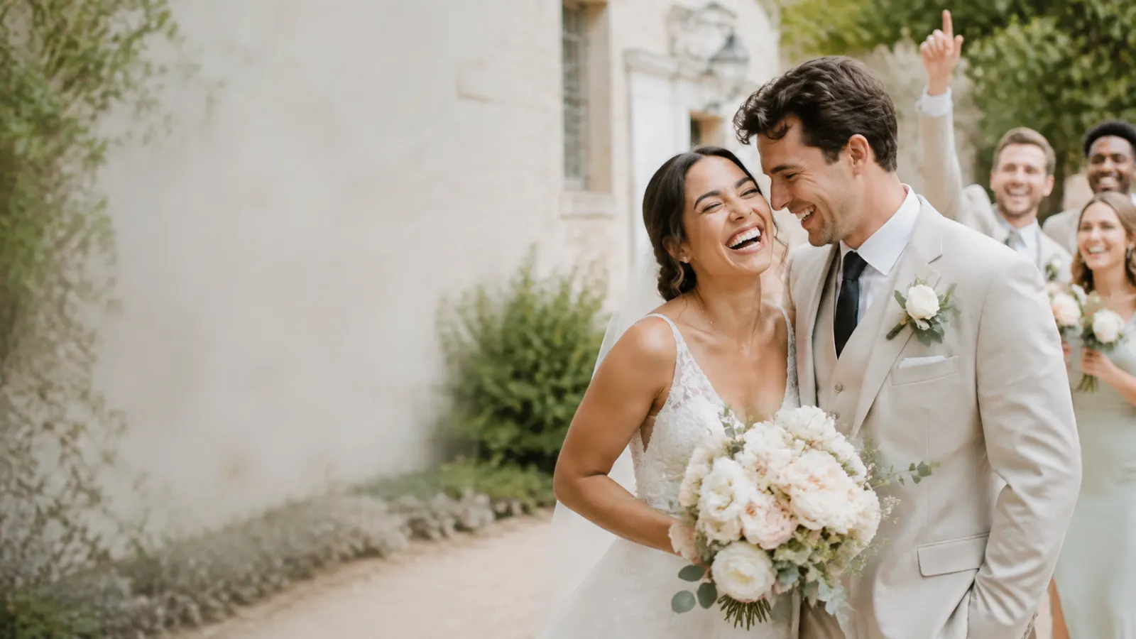Newlywed couple laughing with their wedding party outside an elegant venue