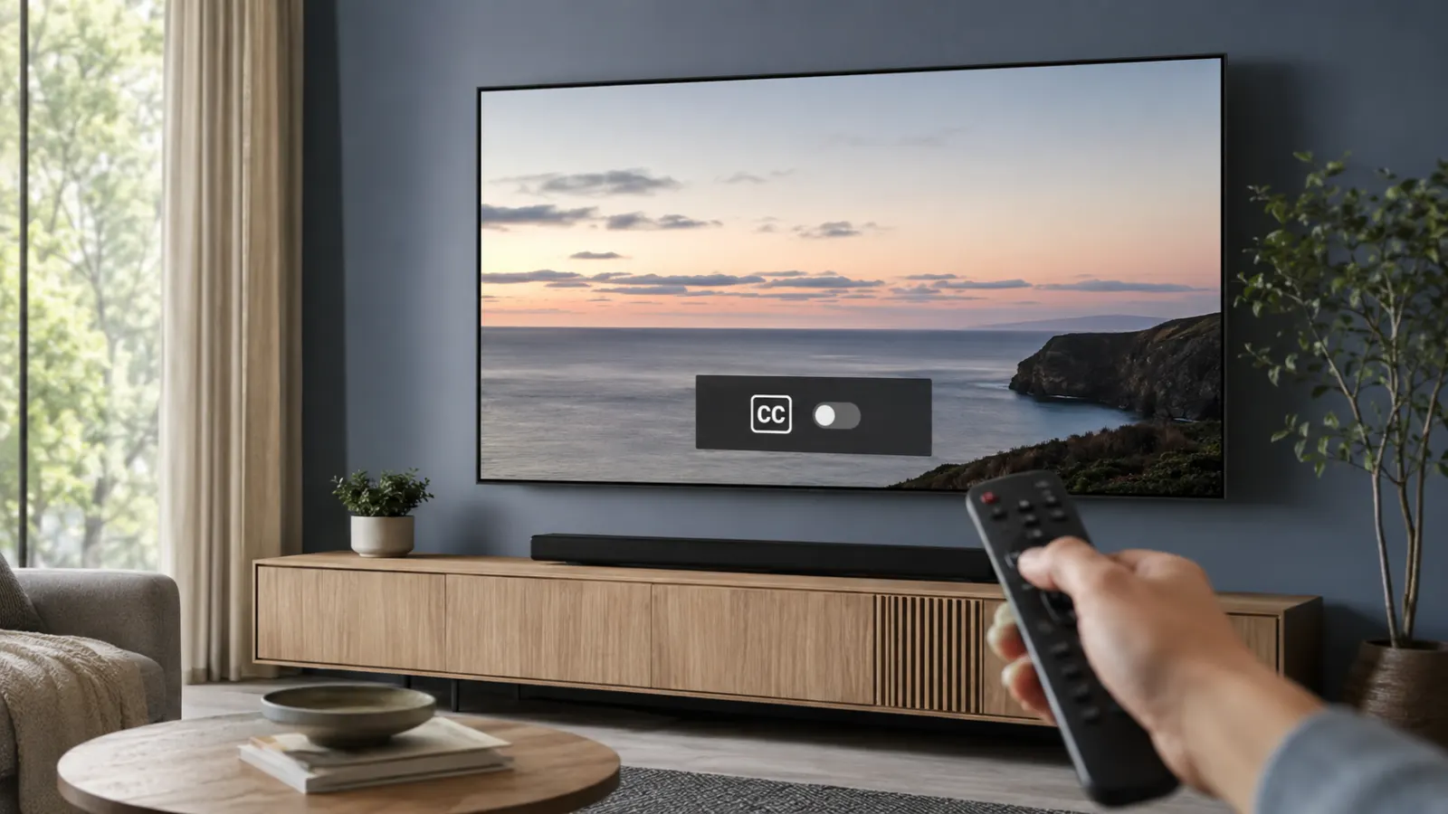 Person using a TV remote to turn off closed captions on a smart TV