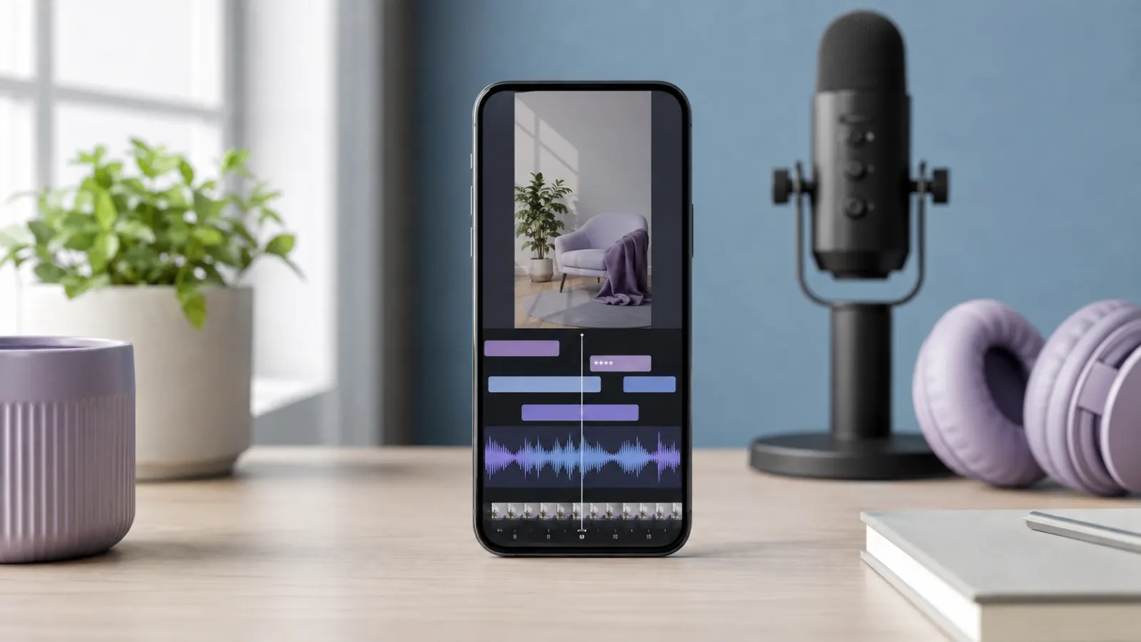 Smartphone displaying caption blocks and an audio waveform on a creator desk with headphones and a microphone.