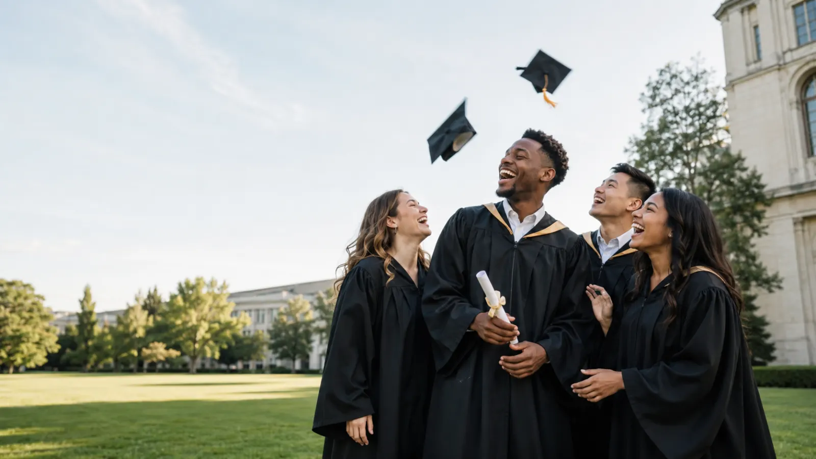 Diverse graduates laughing and tossing their caps outside a university