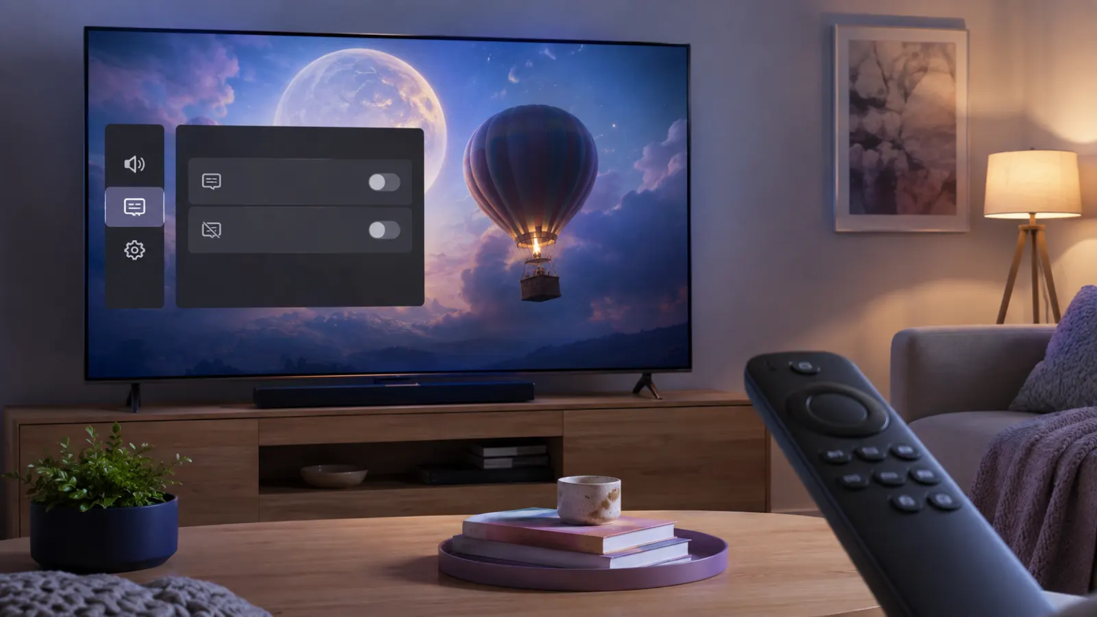 Modern smart TV displaying a generic caption settings panel switched off, with a streaming remote on a tidy coffee table in a softly lit living room.