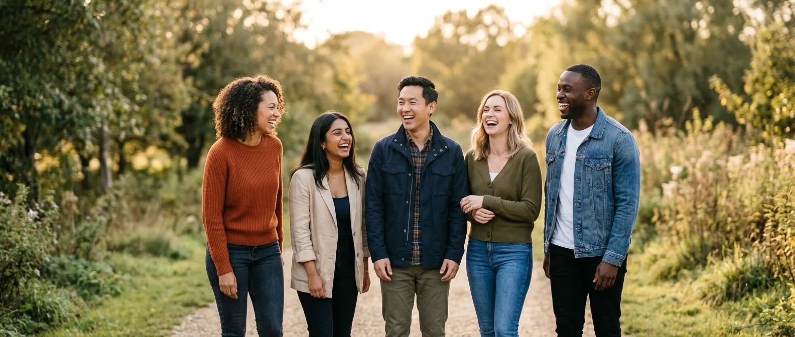A diverse group of five smiling adult friends standing together outdoors along a sunlit park trail during golden hour.
