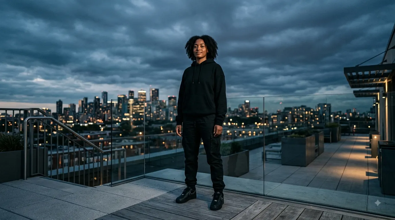A confident young adult standing on a modern city rooftop at dusk in black streetwear and sneakers, set against a glowing urban skyline and a dramatic, cloudy twilight sky.