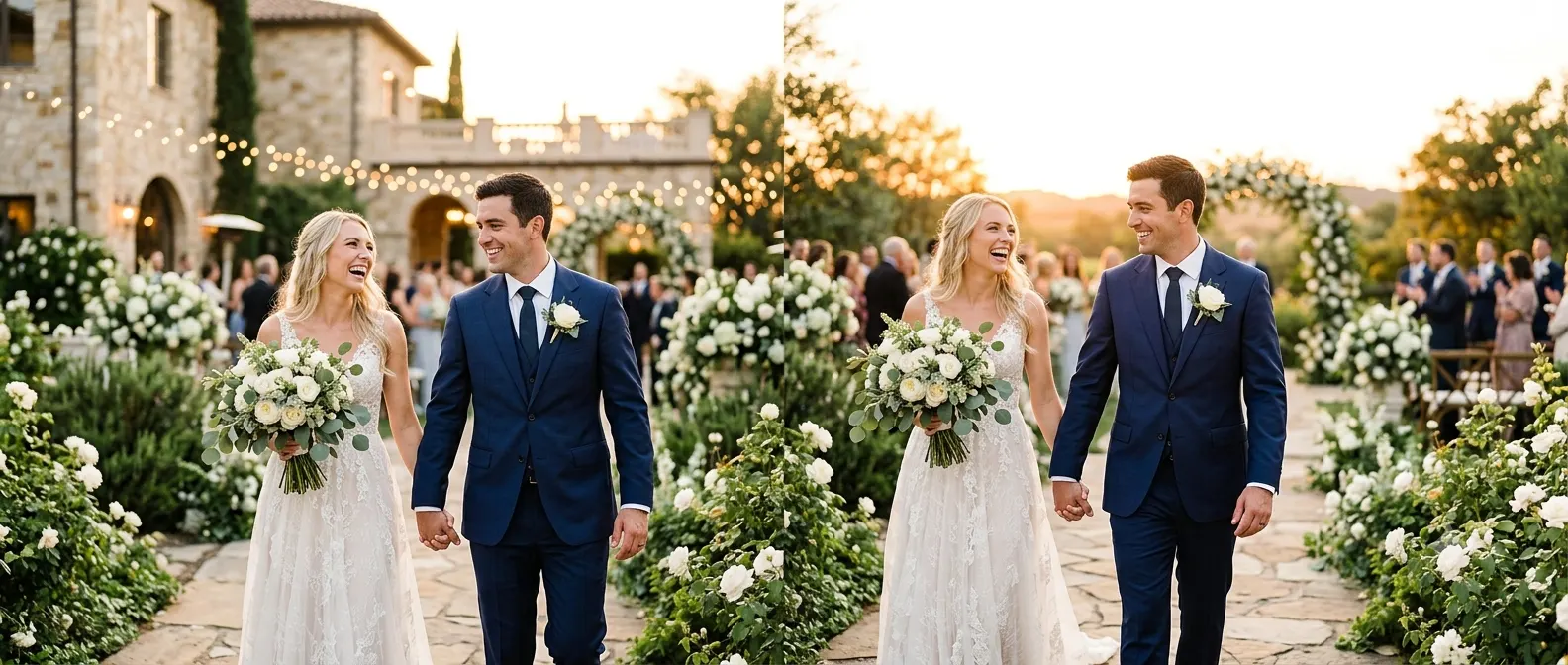 Bride and groom walking hand in hand after their wedding ceremony at a beautifully decorated outdoor venue during golden hour, surrounded by white floral arrangements and lush greenery, smiling naturally as they celebrate their new beginning together in an elegant and romantic setting.