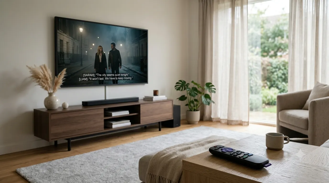 Modern smart TV displaying closed captions with a remote control showing the CC button, illustrating how to turn off closed caption settings.