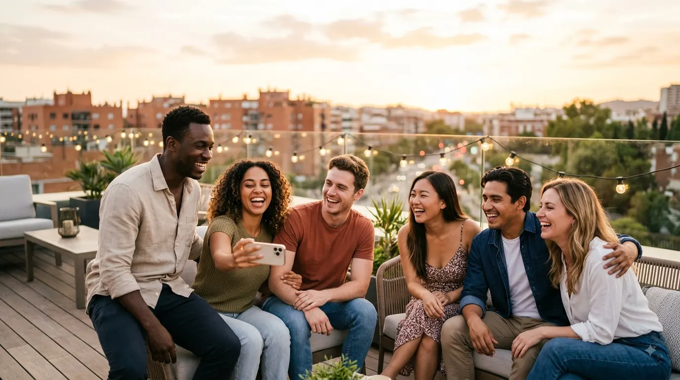 A diverse group of young adult friends laughing together on a sunlit rooftop terrace during golden hour, looking at a smartphone.