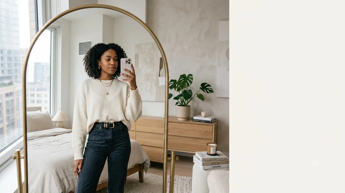 Confident young woman taking a stylish mirror selfie in a modern setting for an Instagram baddie captions blog article.