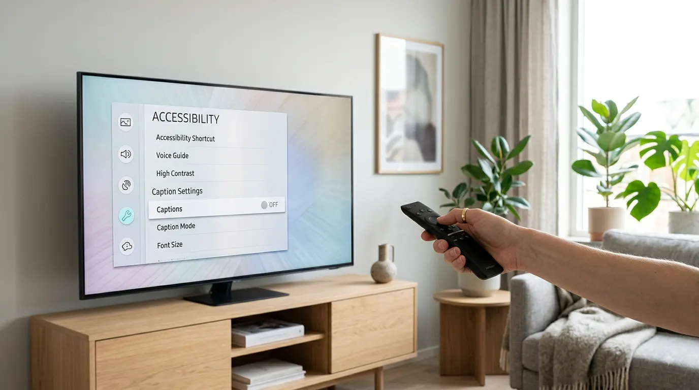 A modern smart TV on a light wood console in a bright, contemporary living room displays an accessibility menu with the captions setting toggled off. In the foreground, a hand holds a sleek black remote aimed at the screen. Natural daylight fills the room, which is decorated with neutral tones and indoor plants.