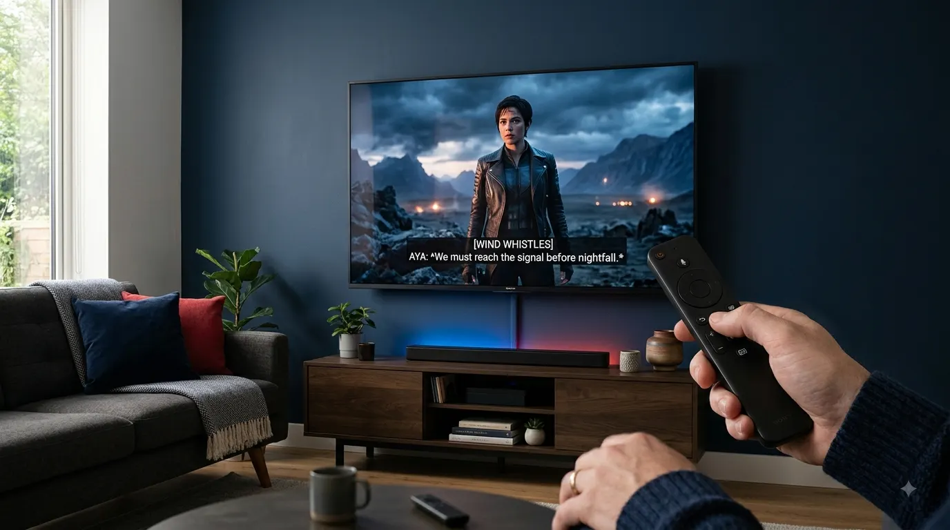 A modern living room with a hand holding a streaming remote control in the foreground, pointed at a wall-mounted TV. The screen displays a movie scene with closed captions visible at the bottom, set against a dark blue accent wall with ambient red and blue backlighting.