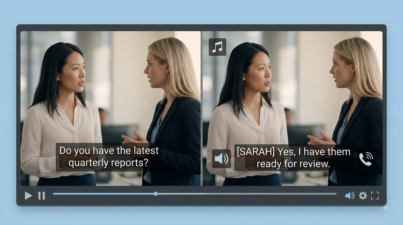 A modern video player interface on a soft blue background, split into two side-by-side video frames comparing subtitles and closed captions. On the left side, simple text at the bottom reads "Do you have the latest quarterly reports?" over a cinematic scene of two women in business attire conversing. On the right side, the same scene includes expanded closed captions reading "[SARAH] Yes, I have them ready for review," accompanied by visual accessibility icons around the frame for music, audio/speaker, and a ringing phone.