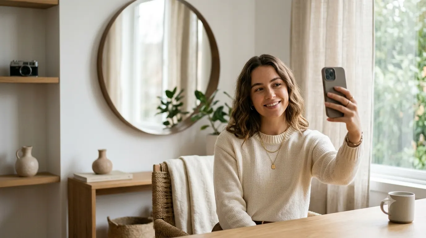 Instagram selfie with warm natural lighting, relaxed confident expression, and a clean modern aesthetic, perfect for selfie caption inspiration.