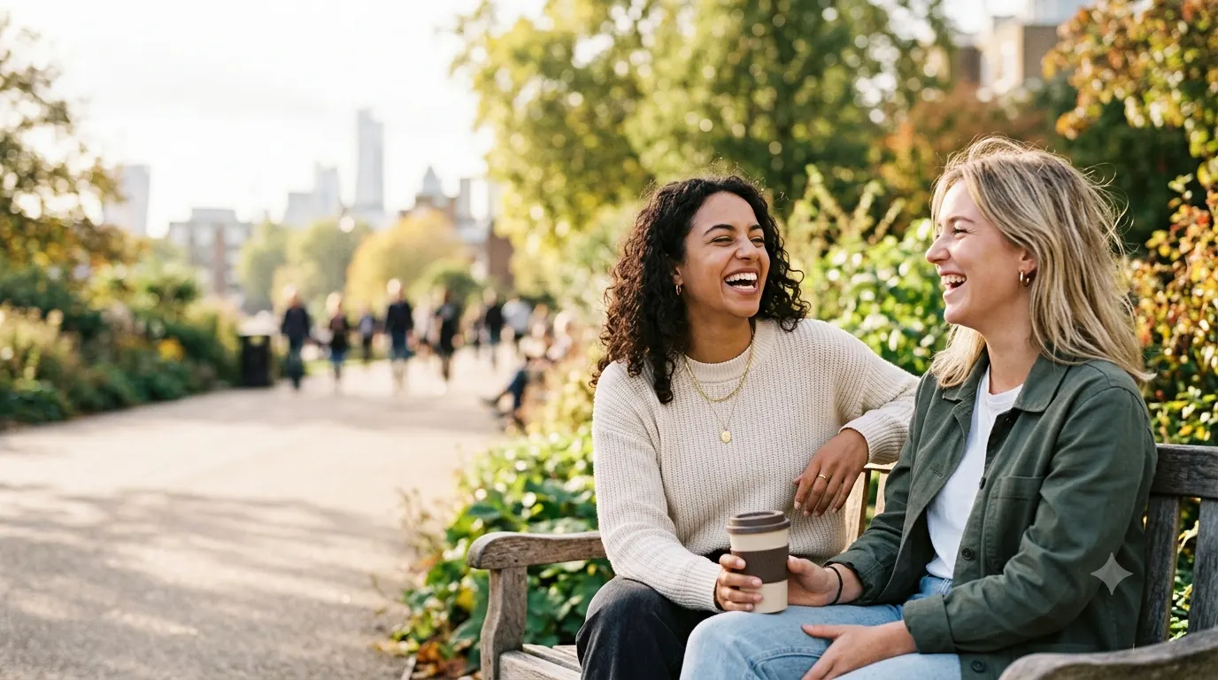 Two best friends laughing together outdoors during a casual, sunny day, capturing a warm and genuine friendship moment.