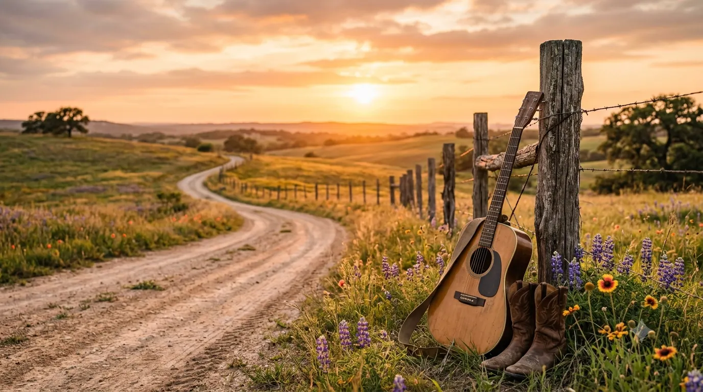 Country-inspired blog header featuring a rustic dirt road at sunset, an acoustic guitar leaning against a wooden fence, cowboy boots in the foreground, wildflowers, rolling hills, and warm golden light, creating a peaceful country music atmosphere.