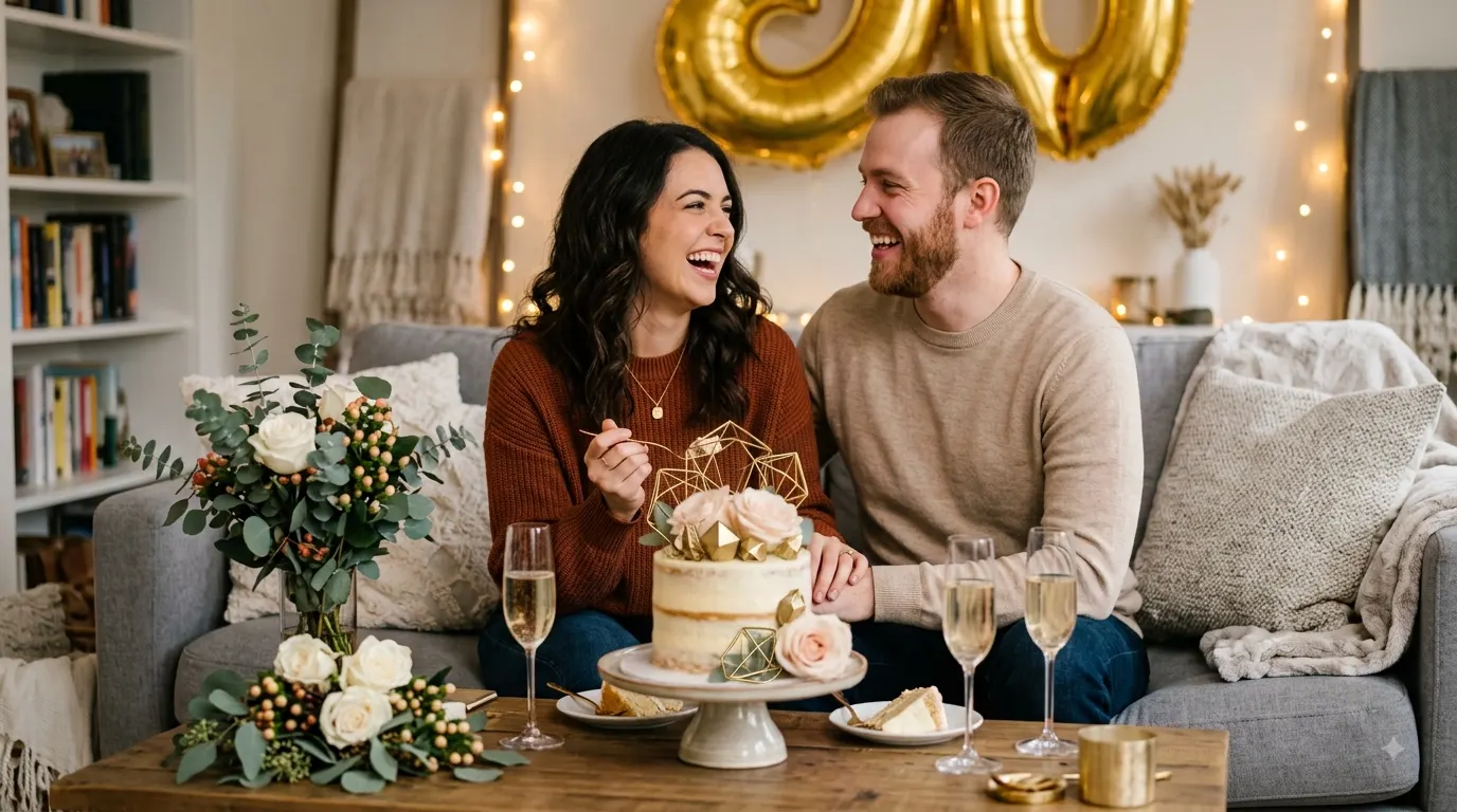 Couple laughing together beside a cake during an anniversary celebration