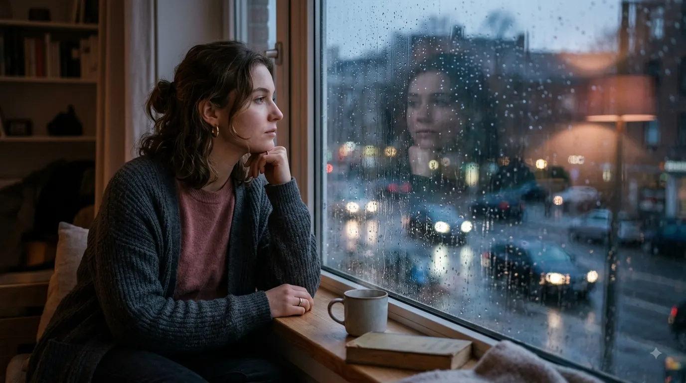 A thoughtful young woman looking out a rain-streaked window at dusk with a cup of coffee nearby.