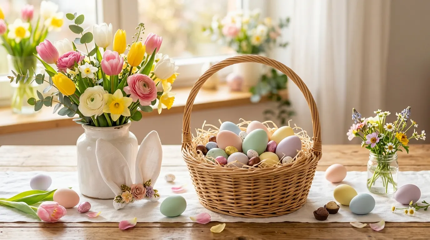 Colorful Easter eggs, spring flowers, and a woven basket arranged outdoors in warm morning sunlight, representing Easter celebrations and Instagram caption ideas.