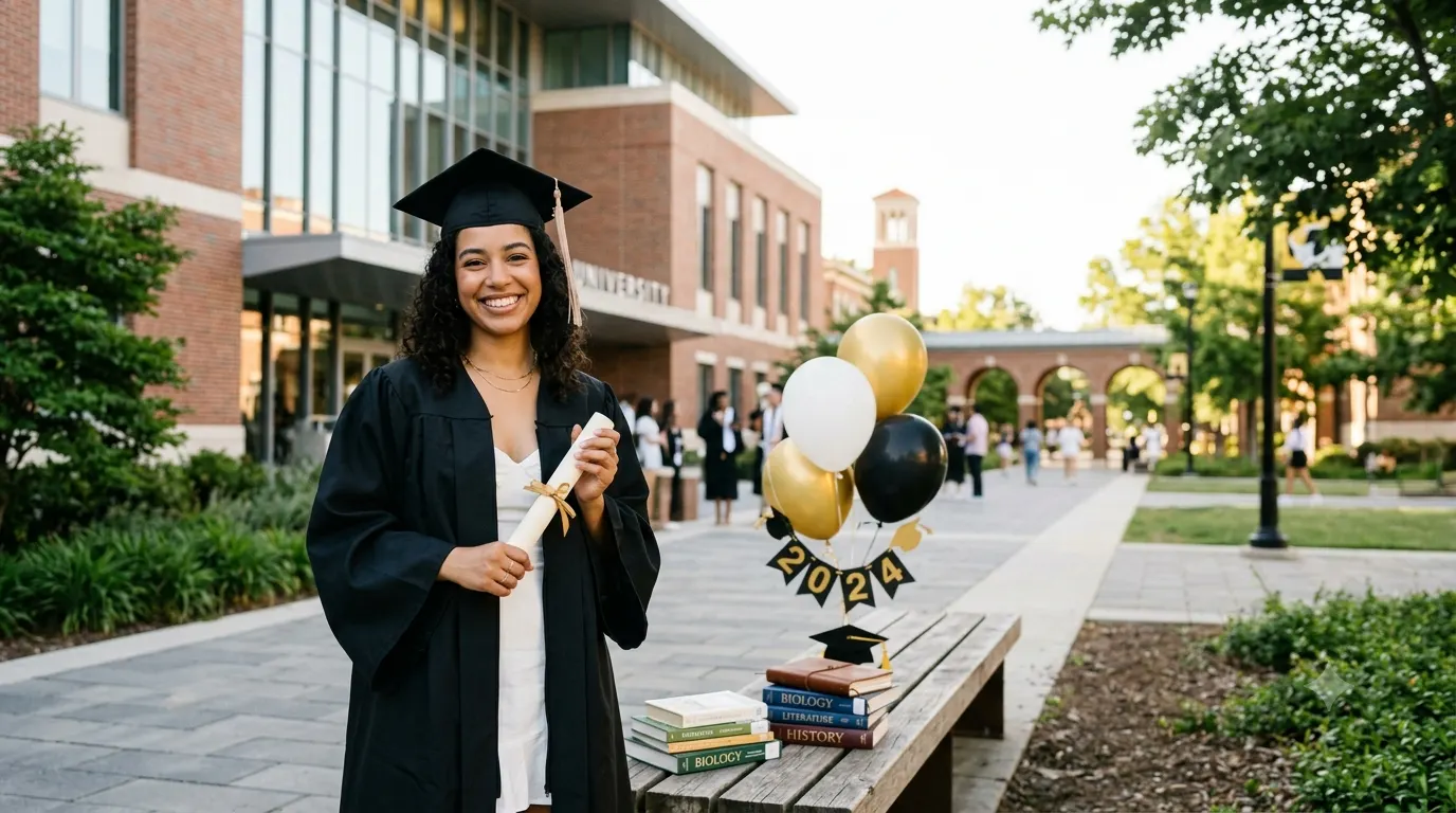 Young graduate in a cap and gown holding a diploma and smiling on graduation day, with a college campus and subtle celebration decorations in the background.