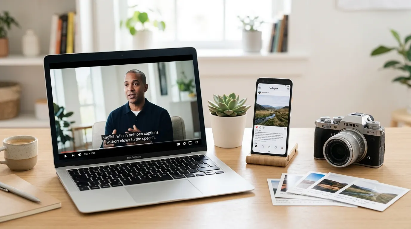 Modern blog header showing a laptop playing a captioned video, a smartphone displaying a social media post with a caption, and printed photos with descriptive captions on a clean desk, illustrating the meaning and use of captioned content for accessibility and communication.