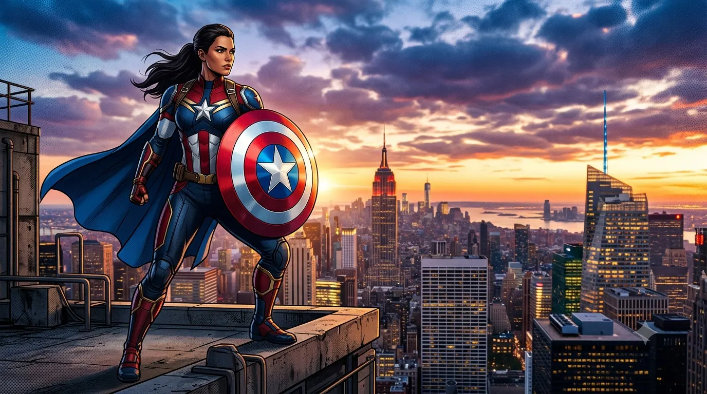 Superhero-inspired character holding a round shield against a dramatic city skyline with patriotic colors, representing Captain America-themed Instagram captions and Marvel-inspired social media content.