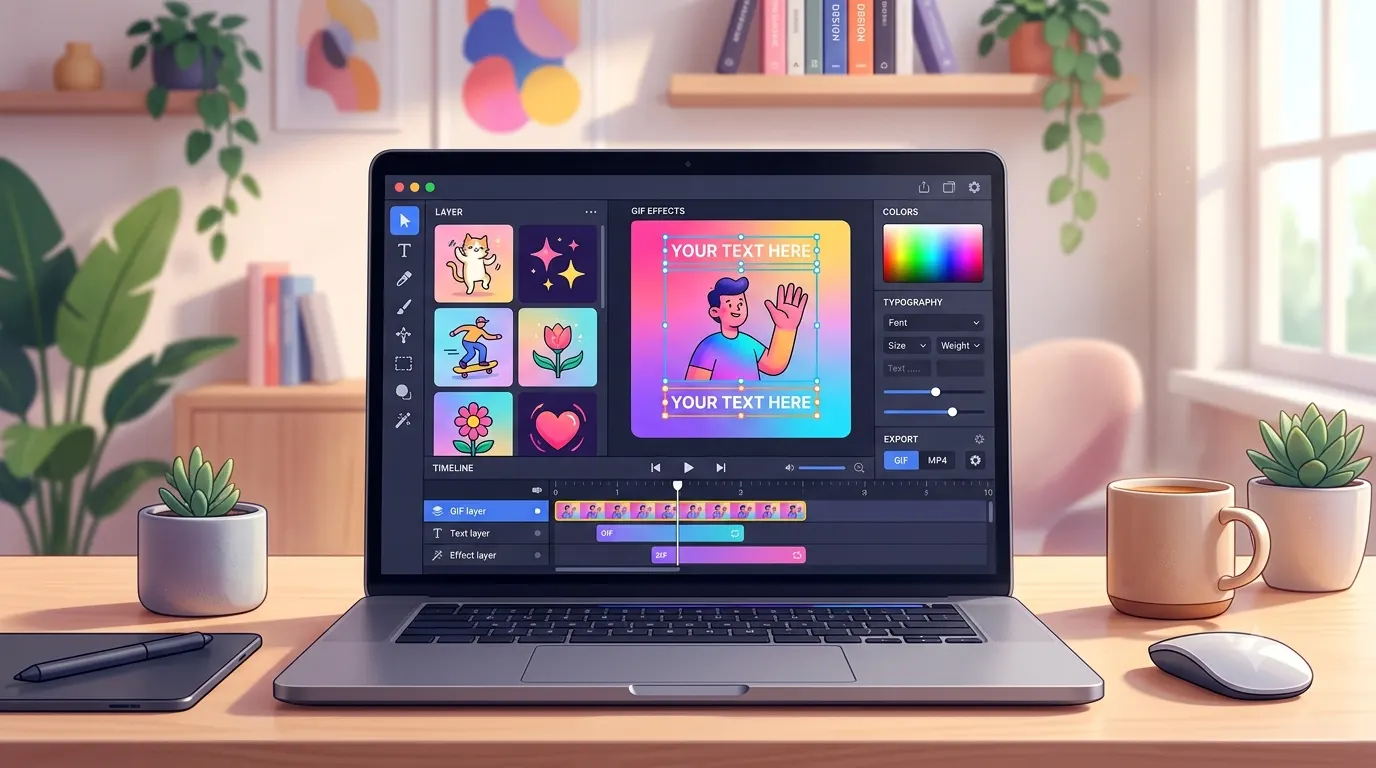 A modern digital workspace showing a laptop editing an animated GIF with customizable text captions, typography tools, and a timeline editor. The clean, colorful interface represents creating captioned GIFs for social media, blogs, marketing, and online content creation.