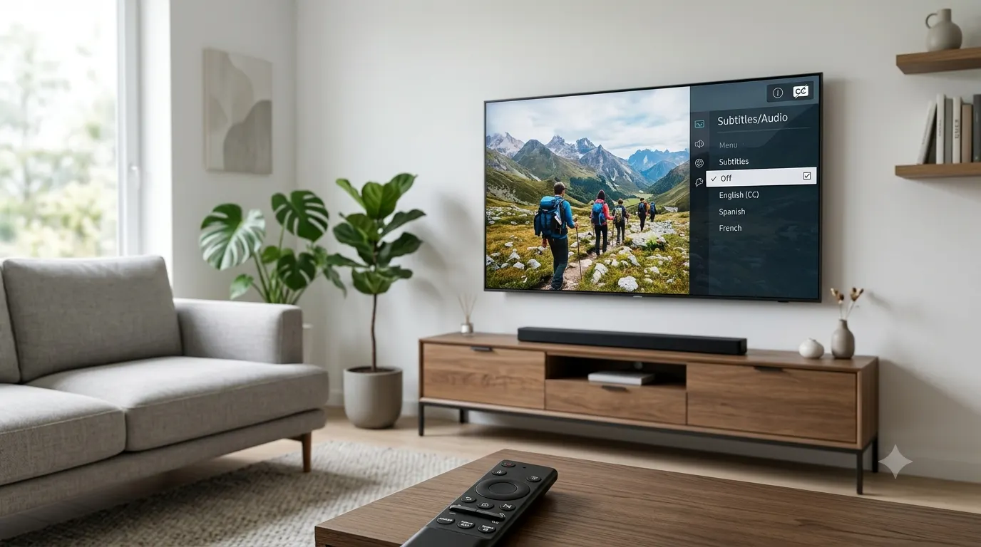 Modern smart TV showing a streaming video with closed captions settings, remote control in the foreground.