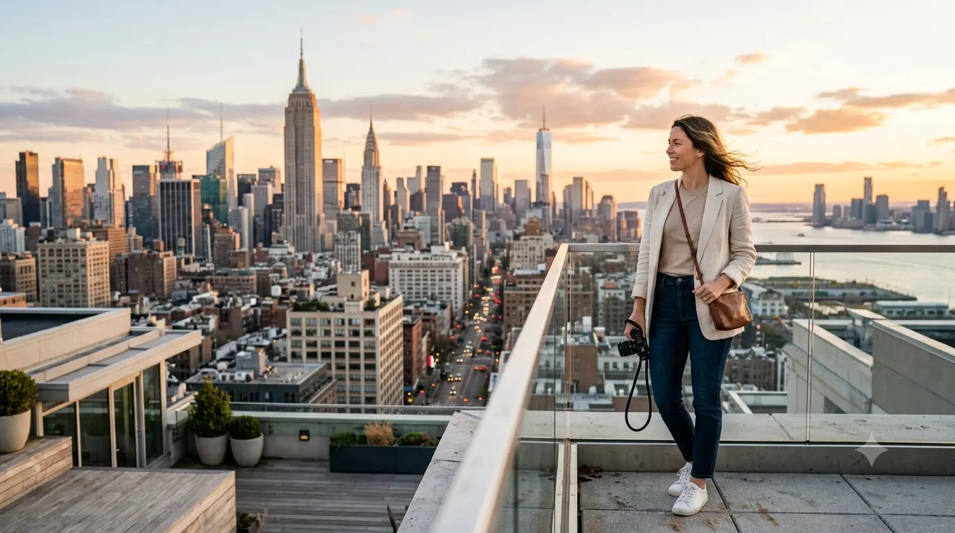 Traveler overlooking the Manhattan skyline at golden hour for a New York Instagram captions collection.