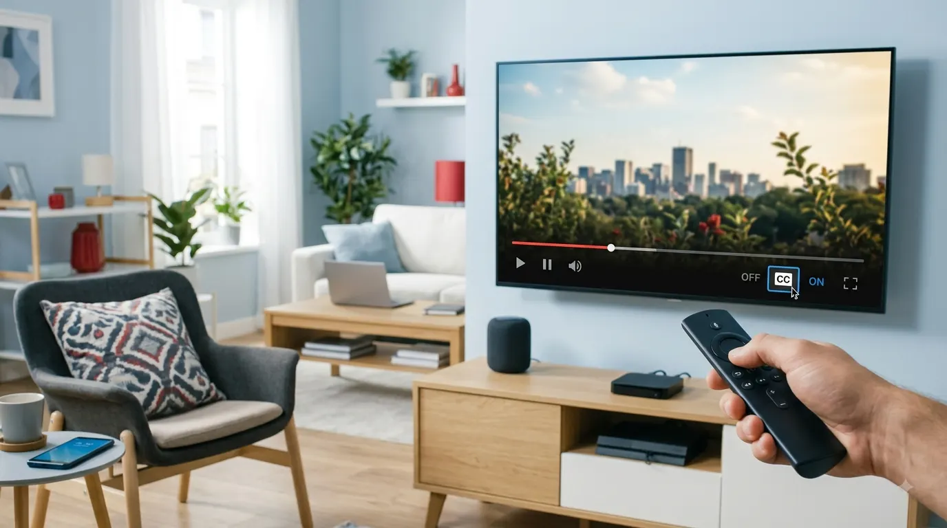 A hand holding a black remote control points toward a wall-mounted smart TV in a bright, modern living room. The TV displays a streaming video interface with a highlighted closed-captioning icon. The background features a wooden media console with a streaming box and smart speaker, a laptop on a coffee table, and a smartphone on a side table in a blue, white, charcoal, and soft red color palette.