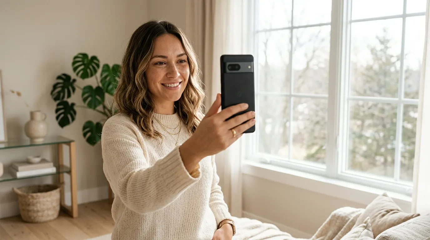 A young woman with wavy hair and a beige sweater smiling as she takes a smartphone selfie near a bright window in a modern, neutral-toned room.