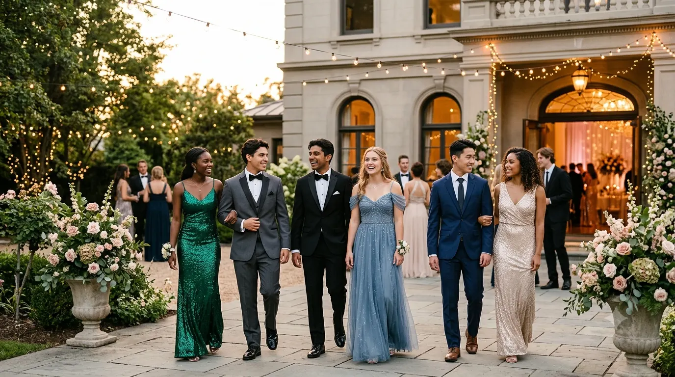 A group of high school seniors in elegant dresses, suits, and tuxedos posing outside a decorated venue on prom night.