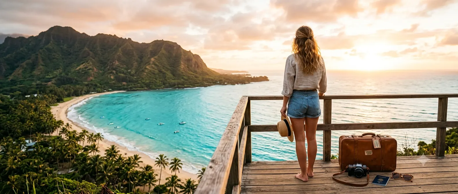 Traveler overlooking a tropical beach with crystal clear turquoise water, palm trees, distant mountains, a suitcase, sunglasses, passport, and camera nearby under warm golden sunlight, capturing the excitement of a relaxing vacation getaway.