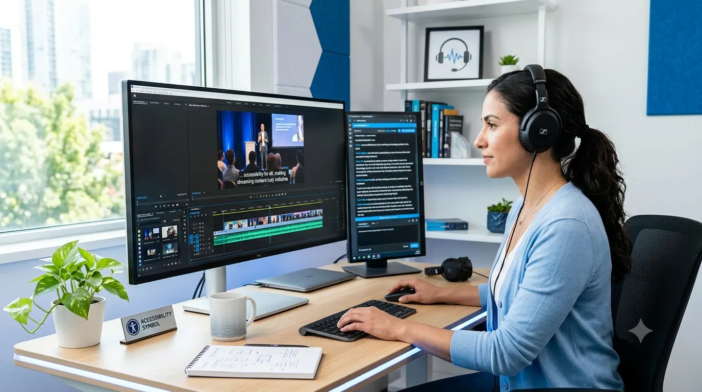 Professional captioner creating accurate video captions on a computer using captioning software, with a video editing timeline and synchronized subtitles visible on screen in a modern workspace. The image represents accessibility, media production, and digital communication.