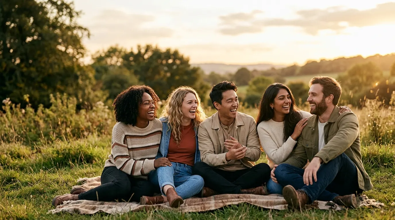 A wide horizontal banner showing a diverse group of five adult friends sitting together on a picnic blanket in an open, grassy field during golden hour. They are dressed in casual modern attire, candidly laughing and interacting with one another, surrounded by warm sunlight, rolling hills, and a soft-focus background.