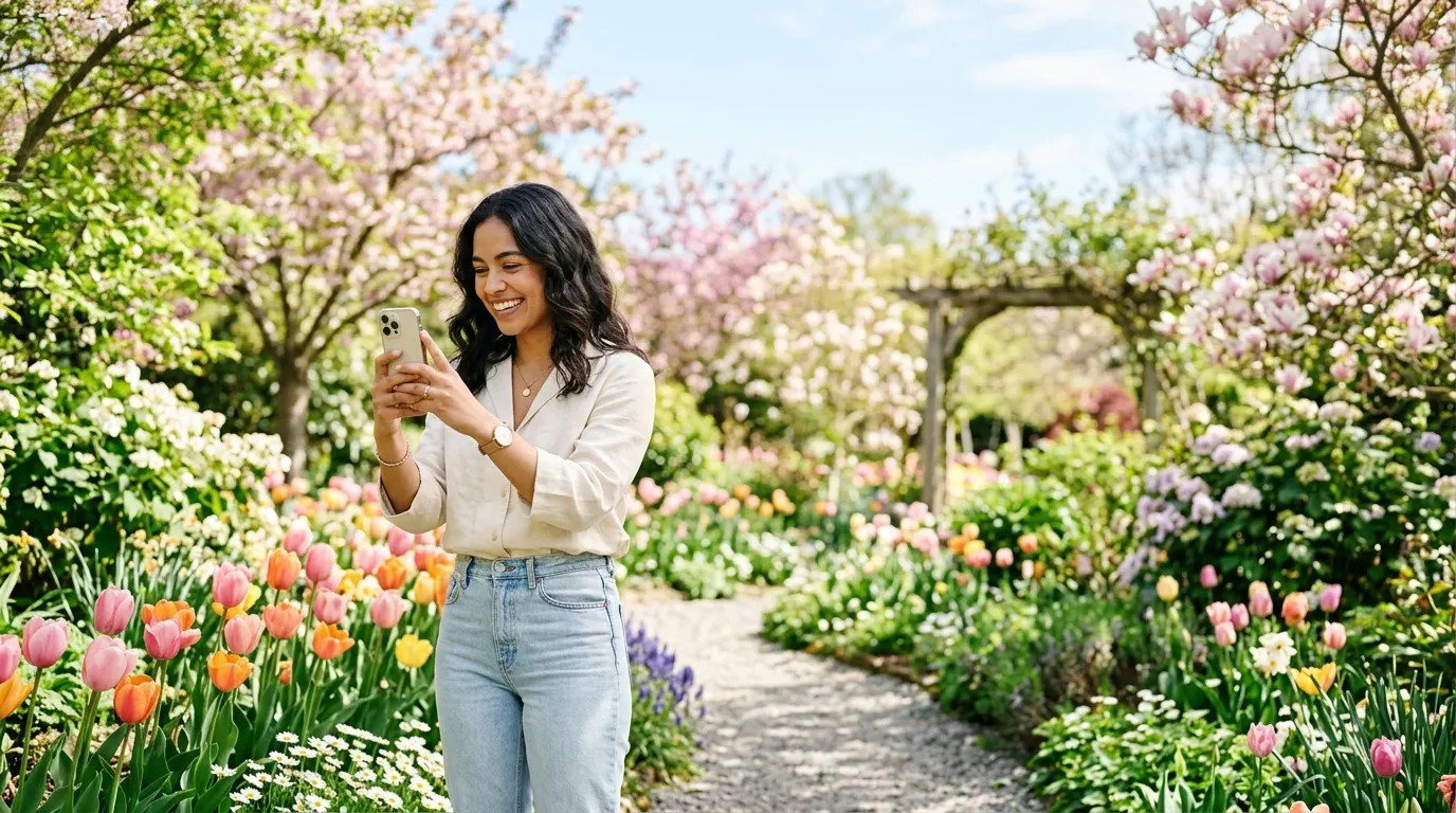 A joyful young woman smiling as she takes a photo with her smartphone in a vibrant spring garden filled with colorful tulips, daisies, and blooming pink blossom trees under a clear, bright sky.