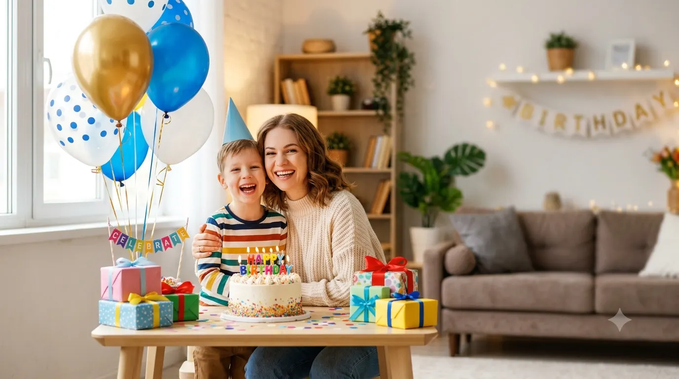 Happy parent celebrating a son's birthday with a decorated cake, colorful balloons, wrapped gifts, and joyful party decorations in a bright, modern home, capturing a warm family moment perfect for a birthday caption for son blog article.