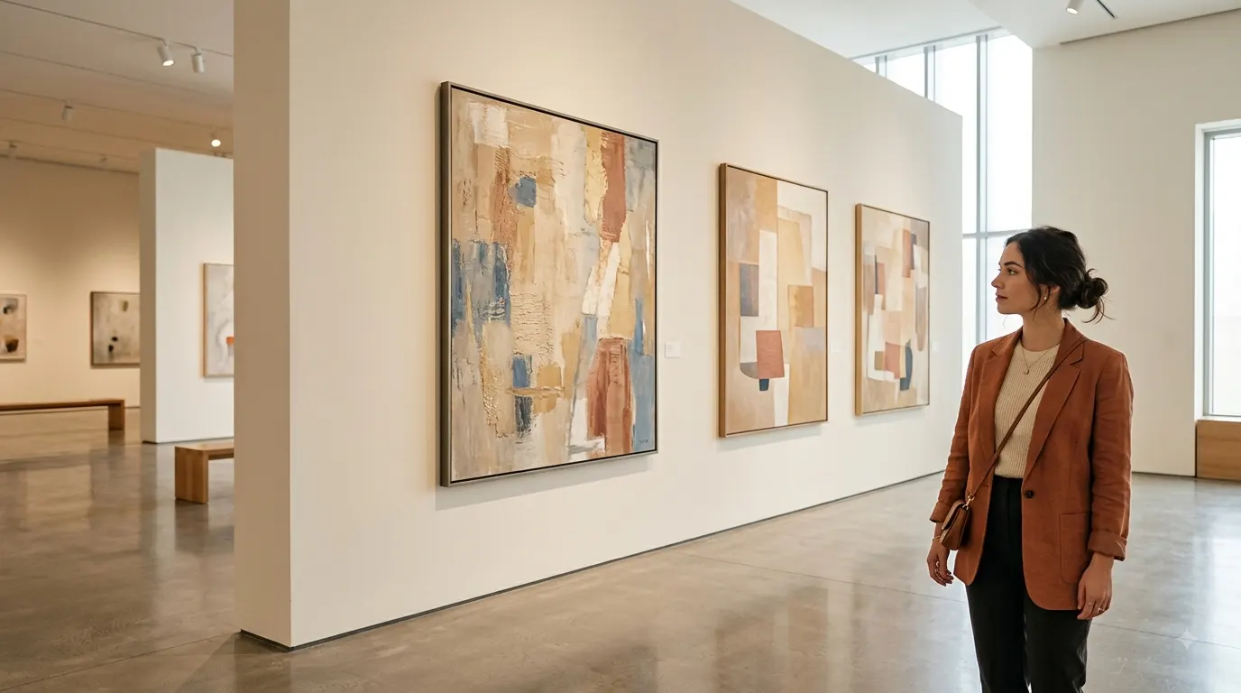 A stylish young woman in a terracotta blazer admiring abstract artwork in a brightly lit, modern art museum gallery.