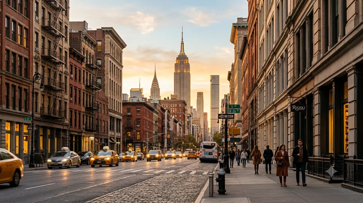 New York City skyline at golden hour with skyscrapers, glowing windows, city streets, and a modern urban atmosphere.