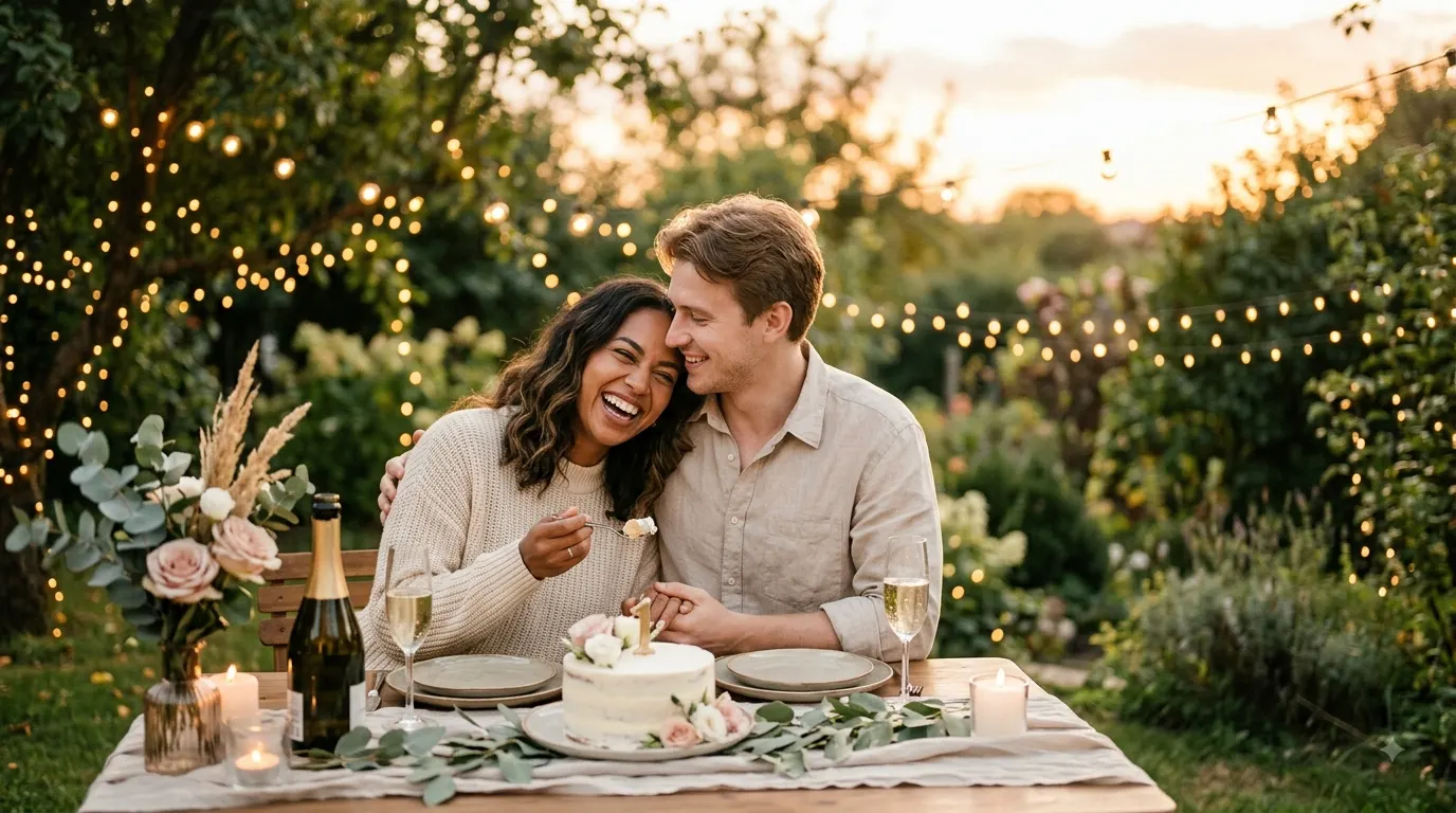 Couple celebrating their first anniversary at a romantic outdoor dinner