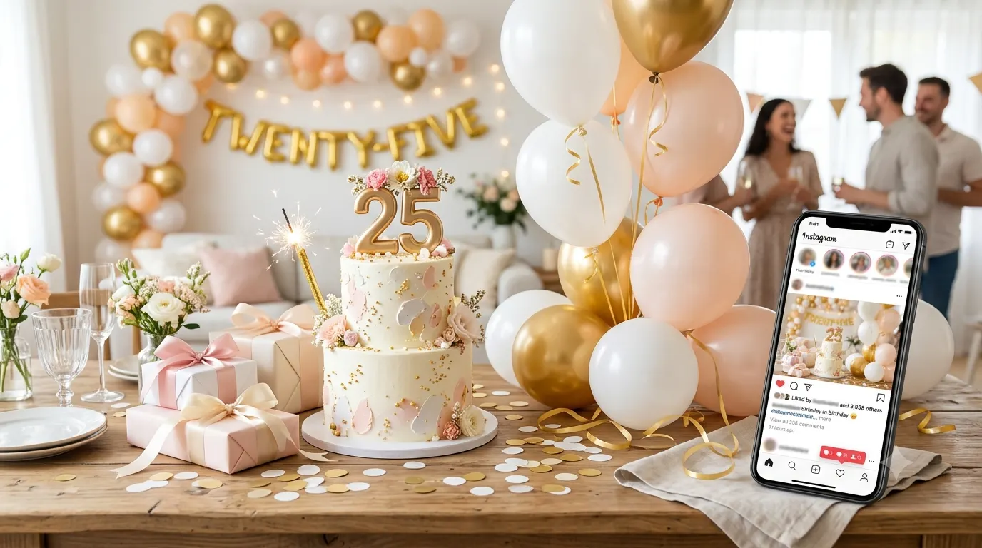 A modern horizontal blog header featuring a stylish 25th birthday celebration with a decorated cake displaying the number 25, gold and white balloons, confetti, soft natural lighting, elegant party decorations, wrapped gifts, a smartphone showing a social media post, pastel color palette, clean composition, realistic photography style, shallow depth of field, bright and cheerful atmosphere, no visible text, optimized for a lifestyle blog header.