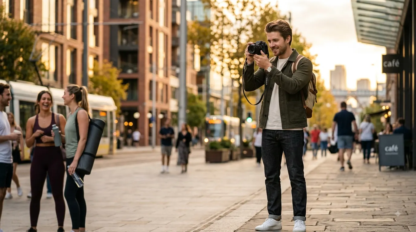 A stylish young man holding a camera on a sunlit city street at golden hour, with friends in activewear talking in the background.