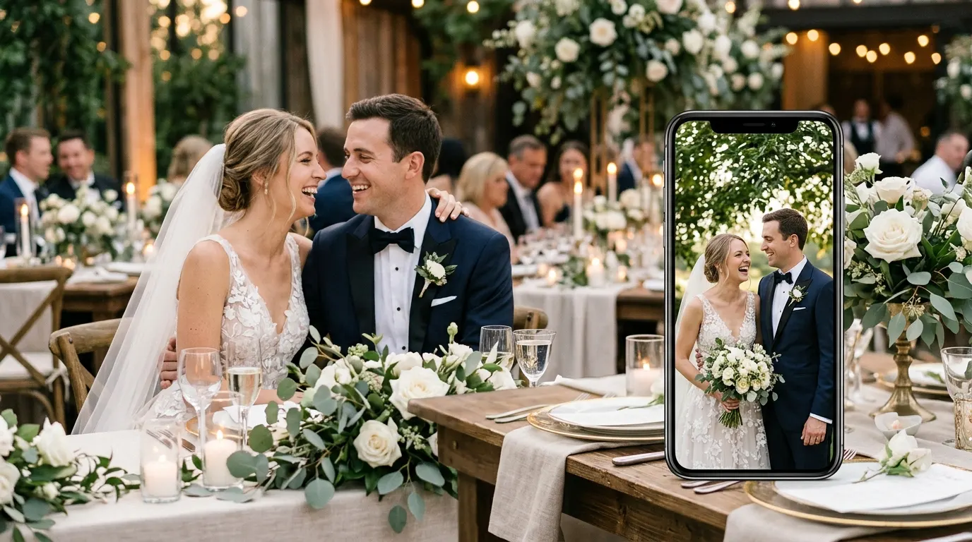 Elegant newlywed couple celebrating their wedding day with romantic floral details and warm reception lighting for an Instagram captions blog.