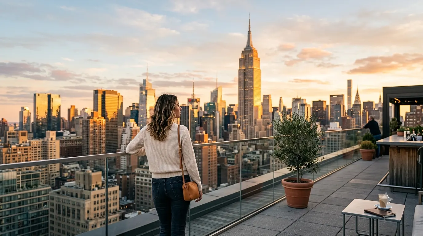 Traveler enjoying a golden-hour view of the Manhattan skyline and Empire State Building from a New York City rooftop.