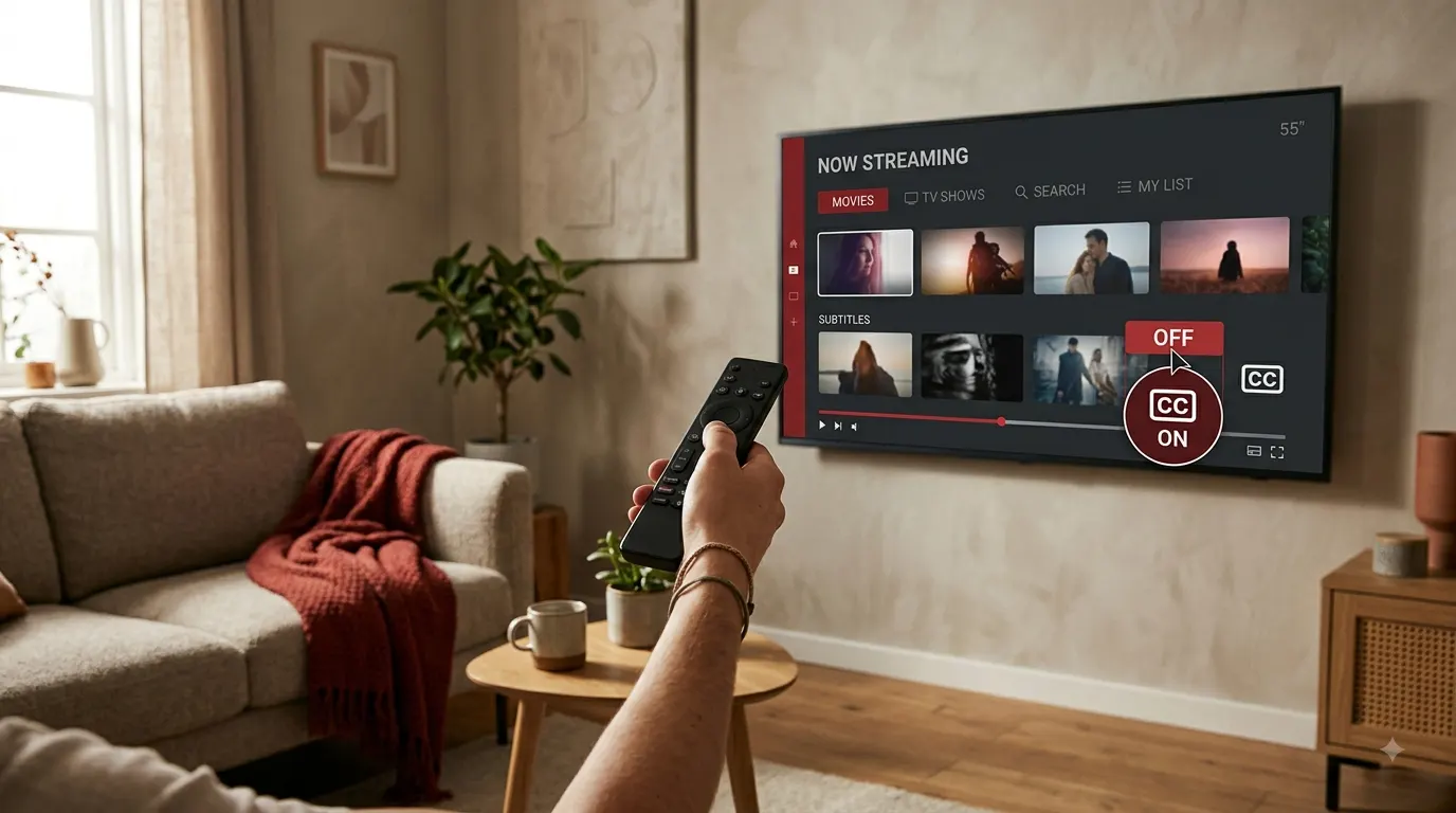 A hand holding a TV remote pointed at a wall-mounted Smart TV displaying a dark, red-accented streaming interface with a subtitle control icon toggled to off, set in a warm, modern living room.